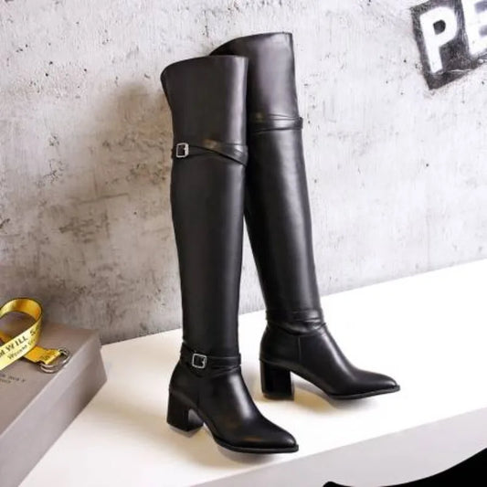Fashion Knee High Boots Women Winter Boots Chunky Low Heel Long Boots Square Toe Buckle Autumn Female Thigh Black White 2025
