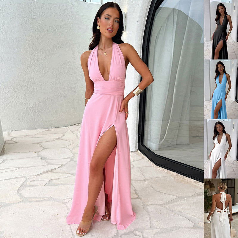 Sexy Halterneck V-neck Slit Dress Summer Backless Strappy Skirt Fashion Temperament Clothing Women - CHRISTDEST GLOBAL SERVICE