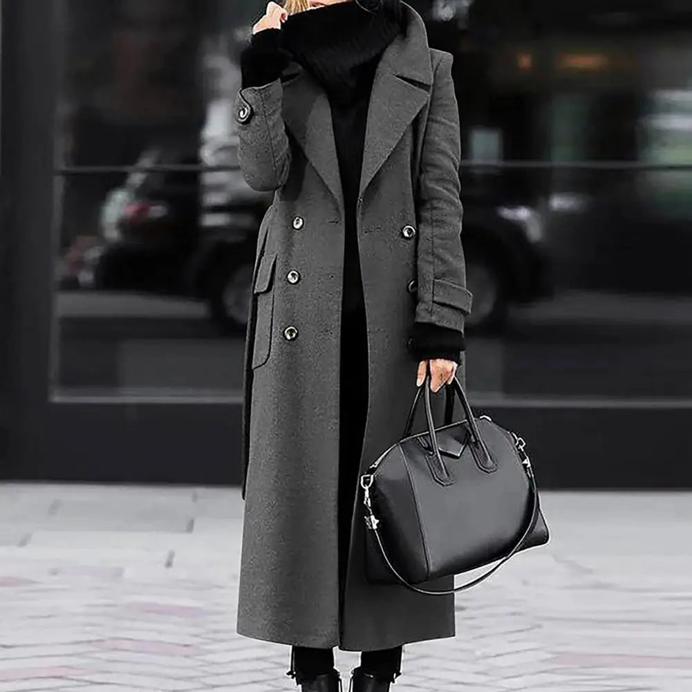 Women Woollen Overcoat Double-breasted Cardigan Mid-calf Length Long Sleeves Jacket Slim OL Formal Coat