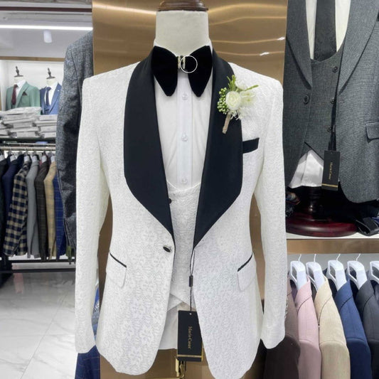 Shiny Black Men's Suit Set 3 Pieces Groomsmen Wedding Lace Costumes - CHRISTDEST GLOBAL SERVICE