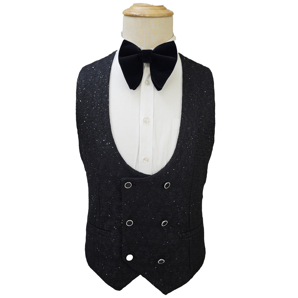 Shiny Black Men's Suit Set 3 Pieces Groomsmen Wedding Lace Costumes - CHRISTDEST GLOBAL SERVICE