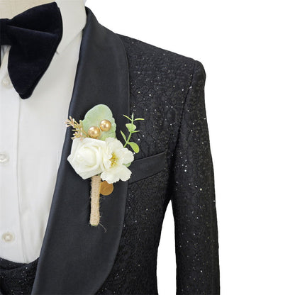 Shiny Black Men's Suit Set 3 Pieces Groomsmen Wedding Lace Costumes - CHRISTDEST GLOBAL SERVICE