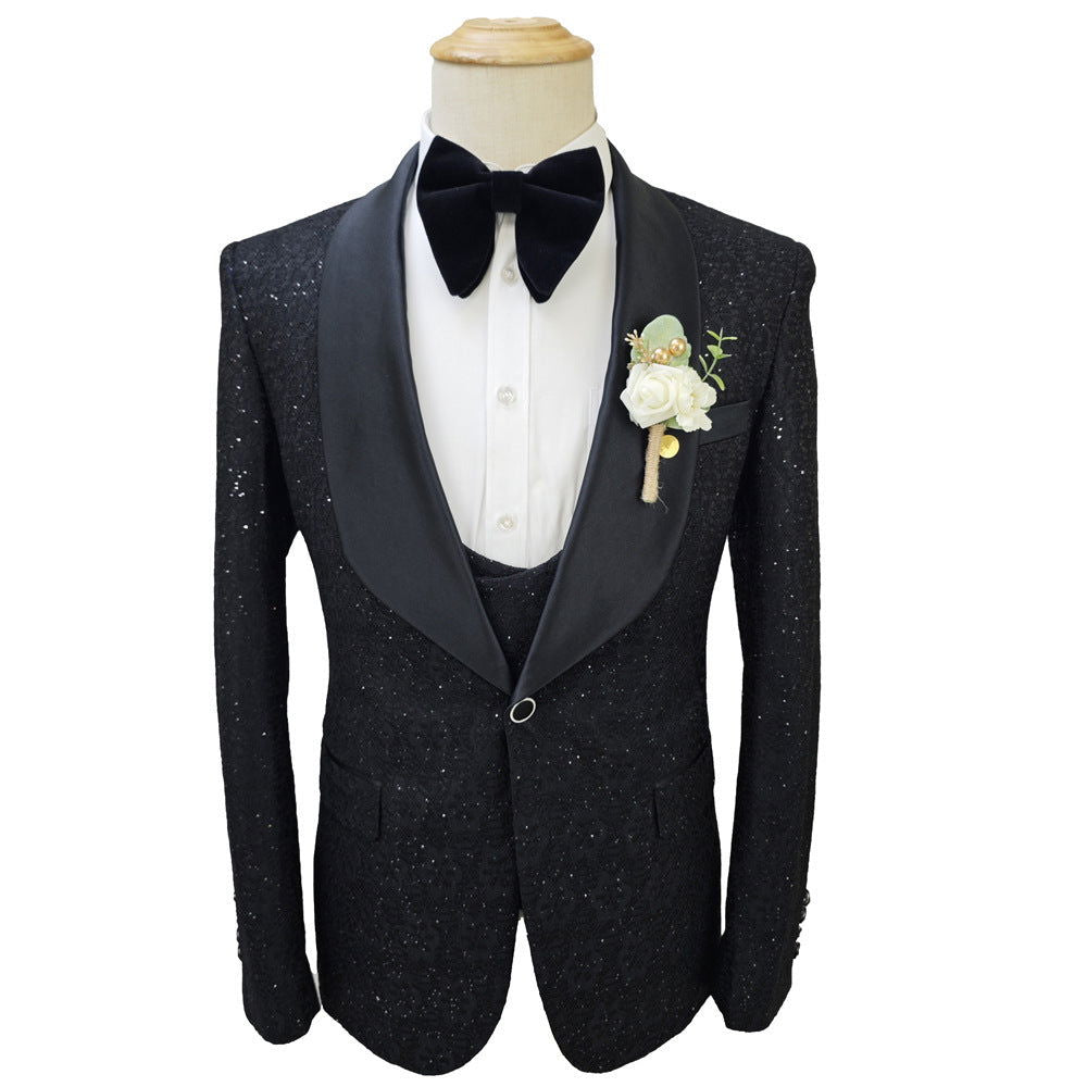 Shiny Black Men's Suit Set 3 Pieces Groomsmen Wedding Lace Costumes - CHRISTDEST GLOBAL SERVICE