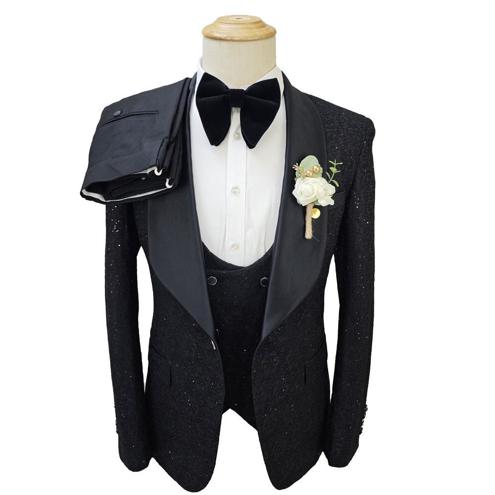 Shiny Black Men's Suit Set 3 Pieces Groomsmen Wedding Lace Costumes - CHRISTDEST GLOBAL SERVICE