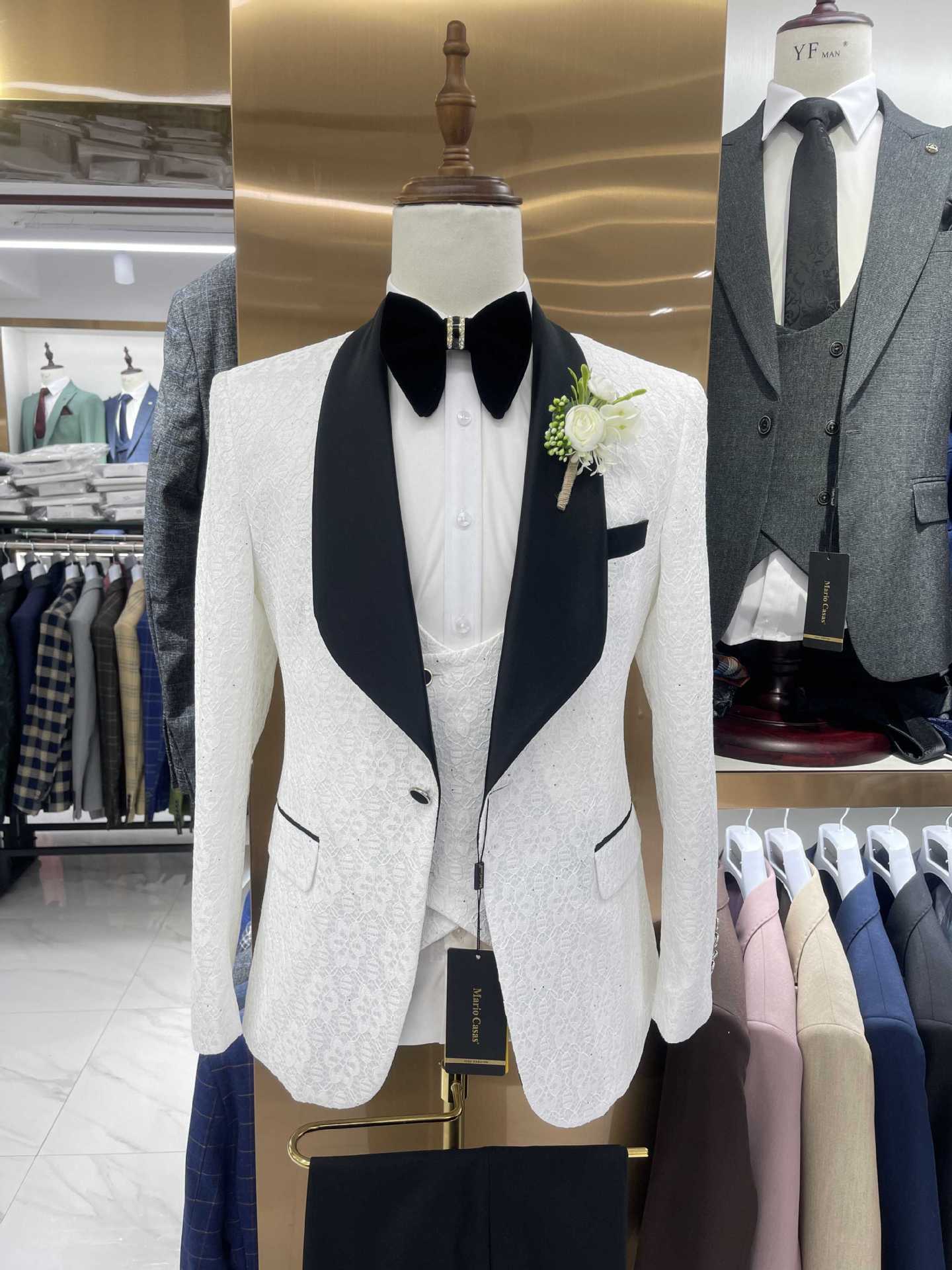 Shiny Black Men's Suit Set 3 Pieces Groomsmen Wedding Lace Costumes - CHRISTDEST GLOBAL SERVICE