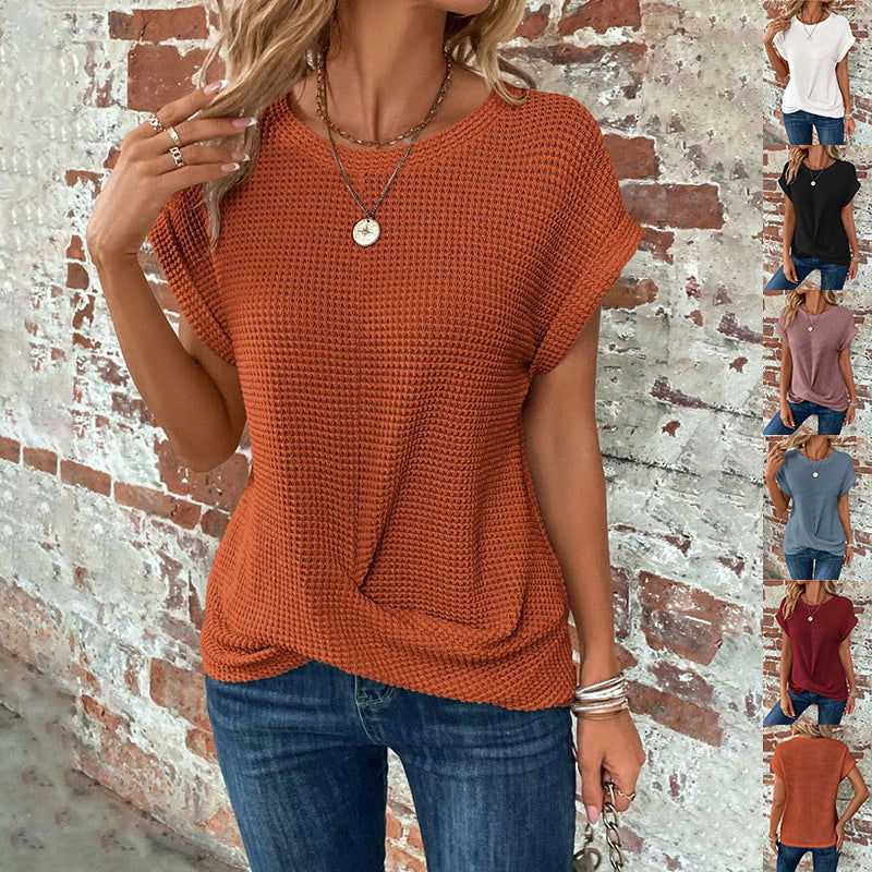 Short-sleeved Waffle T-shirt Summer New Solid Color Crew Neck Top For Womens Clothing - CHRISTDEST GLOBAL SERVICE