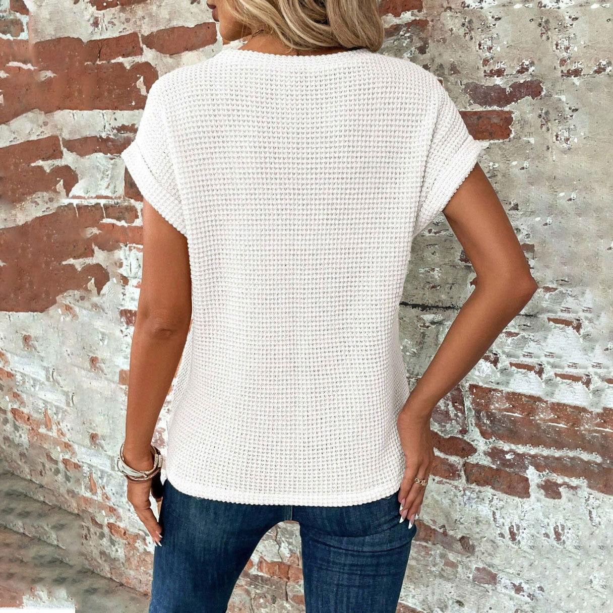 Short-sleeved Waffle T-shirt Summer New Solid Color Crew Neck Top For Womens Clothing - CHRISTDEST GLOBAL SERVICE