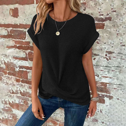 Short-sleeved Waffle T-shirt Summer New Solid Color Crew Neck Top For Womens Clothing - CHRISTDEST GLOBAL SERVICE
