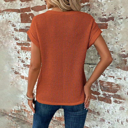 Short-sleeved Waffle T-shirt Summer New Solid Color Crew Neck Top For Womens Clothing - CHRISTDEST GLOBAL SERVICE