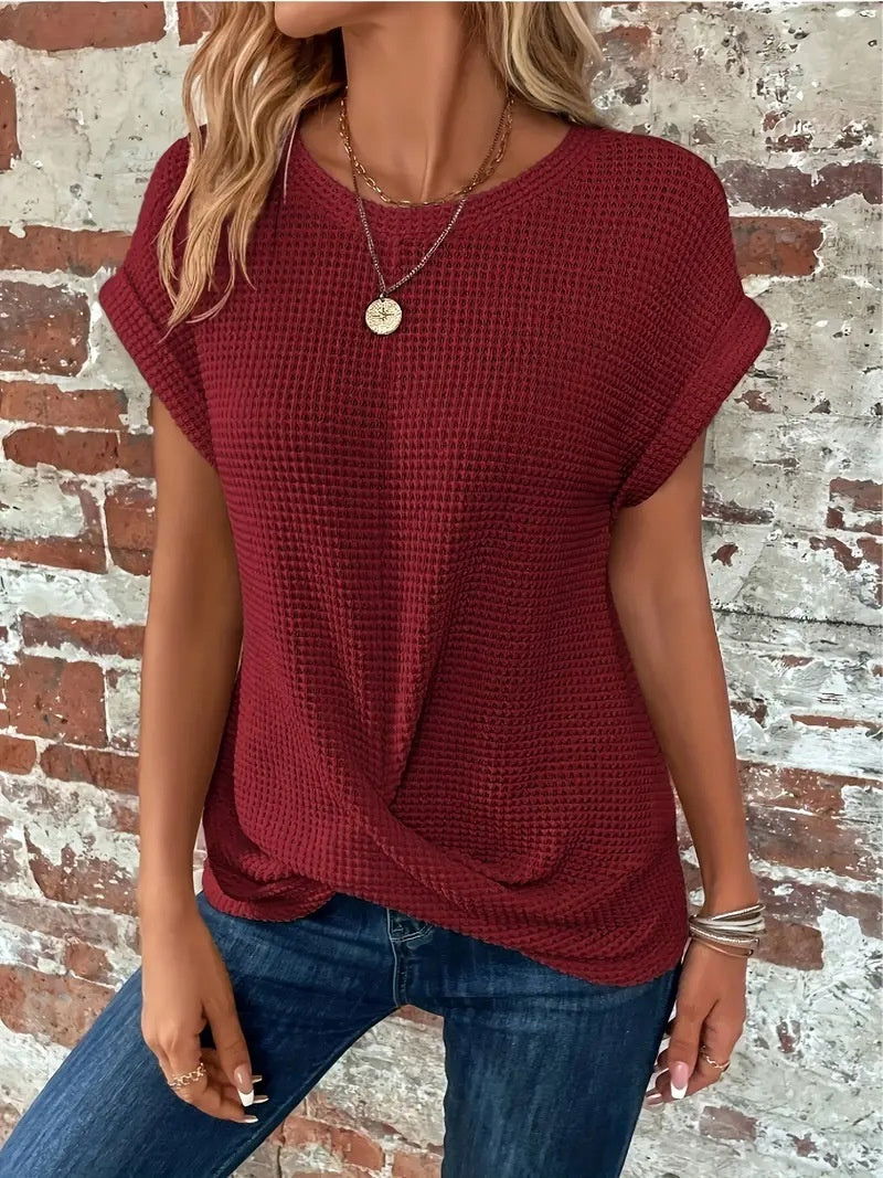 Short-sleeved Waffle T-shirt Summer New Solid Color Crew Neck Top For Womens Clothing - CHRISTDEST GLOBAL SERVICE