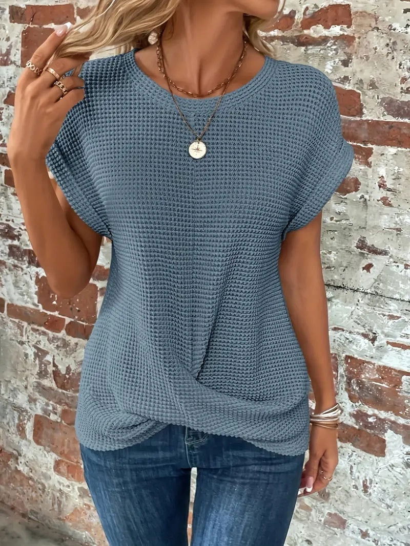 Short-sleeved Waffle T-shirt Summer New Solid Color Crew Neck Top For Womens Clothing - CHRISTDEST GLOBAL SERVICE