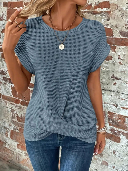 Short-sleeved Waffle T-shirt Summer New Solid Color Crew Neck Top For Womens Clothing - CHRISTDEST GLOBAL SERVICE