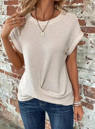 Short-sleeved Waffle T-shirt Summer New Solid Color Crew Neck Top For Womens Clothing - CHRISTDEST GLOBAL SERVICE