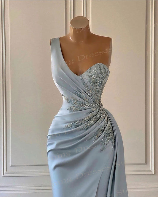 Simple Generous Blue Mermaid Evening Dresses 2024 Elegant Stain One-Shoulder Appliques Prom Gowns Sleeveless Vestidos De Noche - CHRISTDEST GLOBAL SERVICE