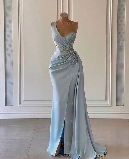 Simple Generous Blue Mermaid Evening Dresses 2024 Elegant Stain One-Shoulder Appliques Prom Gowns Sleeveless Vestidos De Noche - CHRISTDEST GLOBAL SERVICE