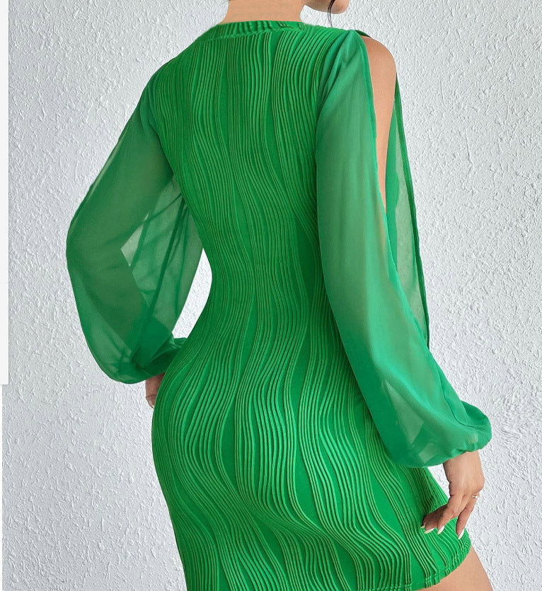 Slimming V-neck Dress Women Fashion Long Sleeve Solid Color Short Dress - CHRISTDEST GLOBAL SERVICE
