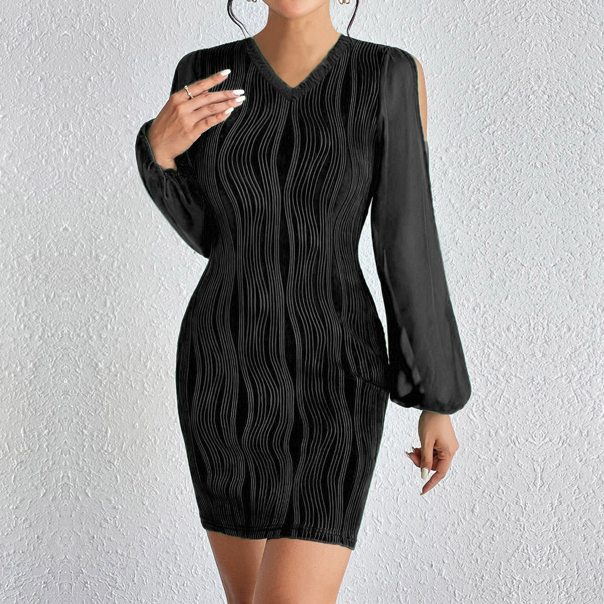 Slimming V-neck Dress Women Fashion Long Sleeve Solid Color Short Dress - CHRISTDEST GLOBAL SERVICE