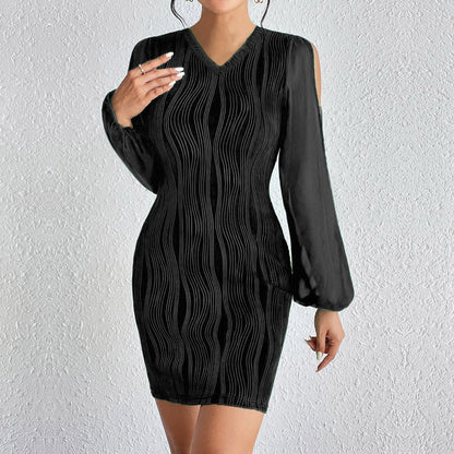 Slimming V-neck Dress Women Fashion Long Sleeve Solid Color Short Dress - CHRISTDEST GLOBAL SERVICE