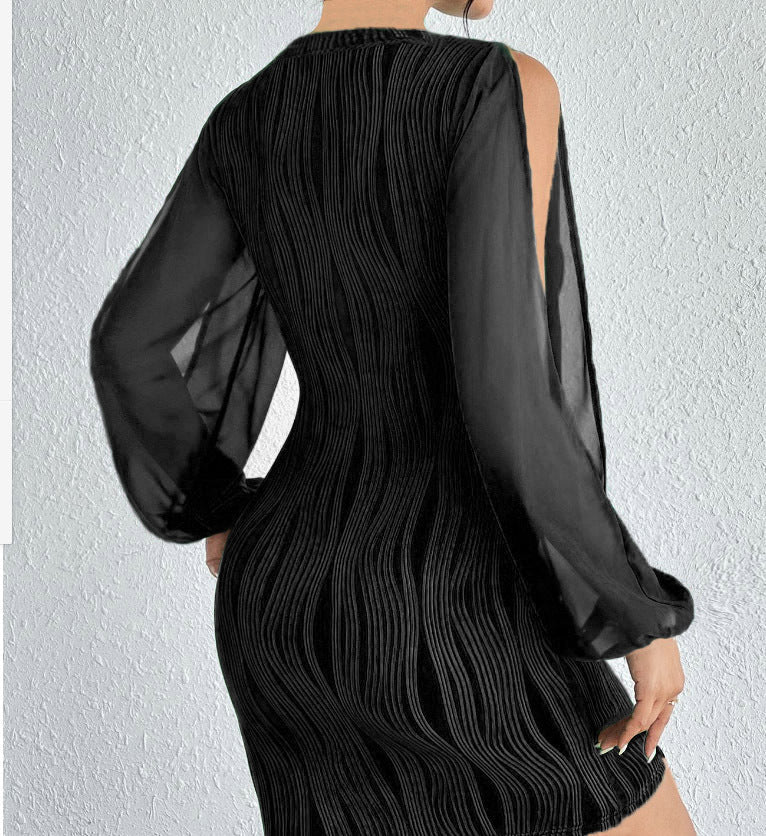 Slimming V-neck Dress Women Fashion Long Sleeve Solid Color Short Dress - CHRISTDEST GLOBAL SERVICE