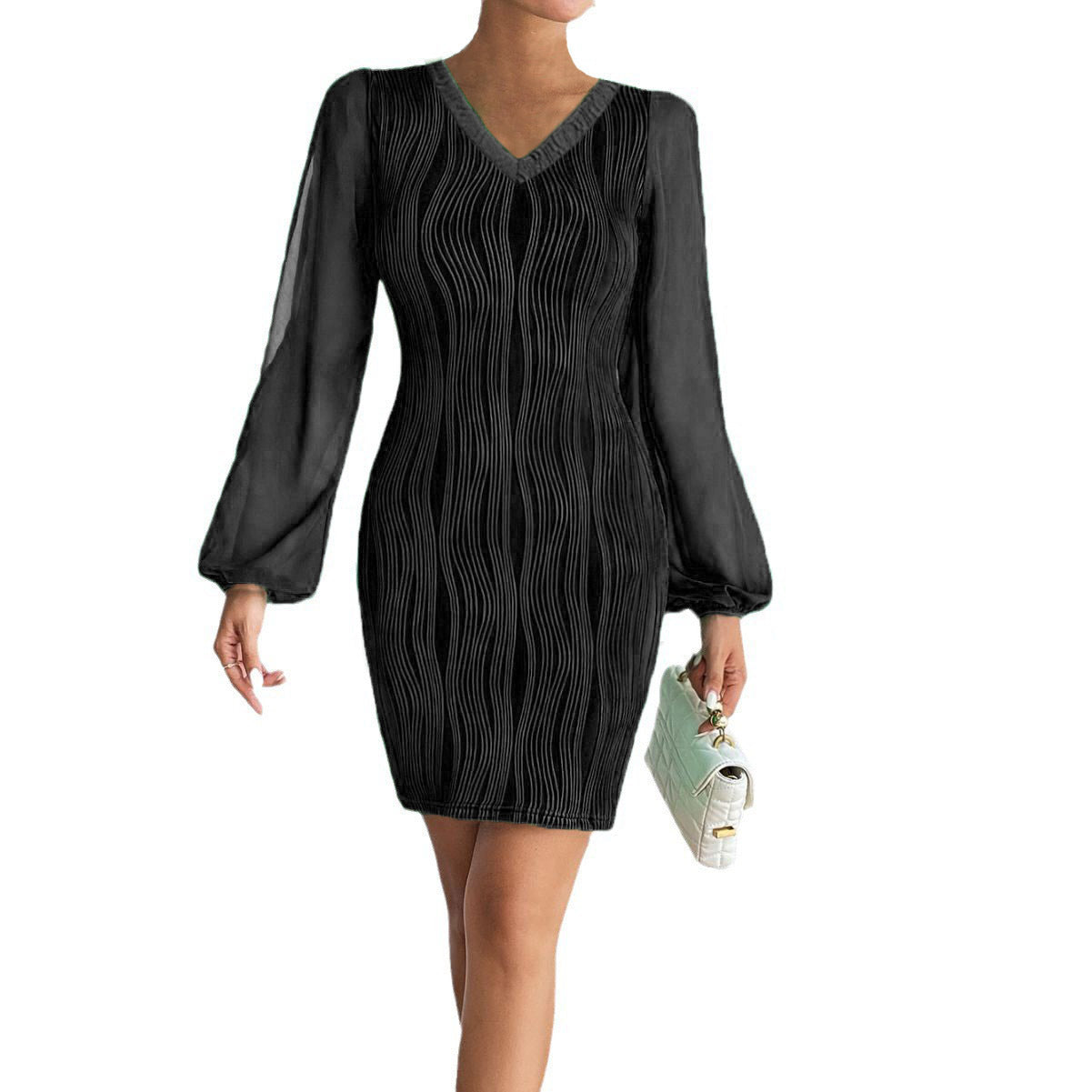 Slimming V-neck Dress Women Fashion Long Sleeve Solid Color Short Dress - CHRISTDEST GLOBAL SERVICE