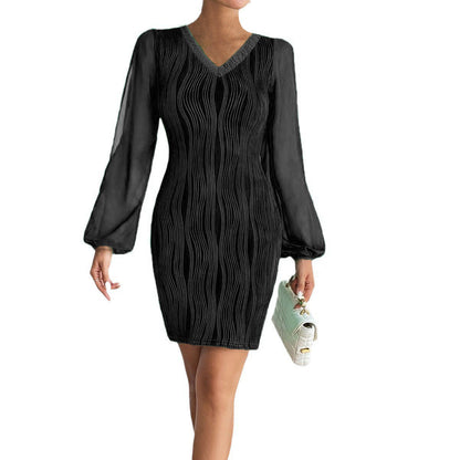 Slimming V-neck Dress Women Fashion Long Sleeve Solid Color Short Dress - CHRISTDEST GLOBAL SERVICE