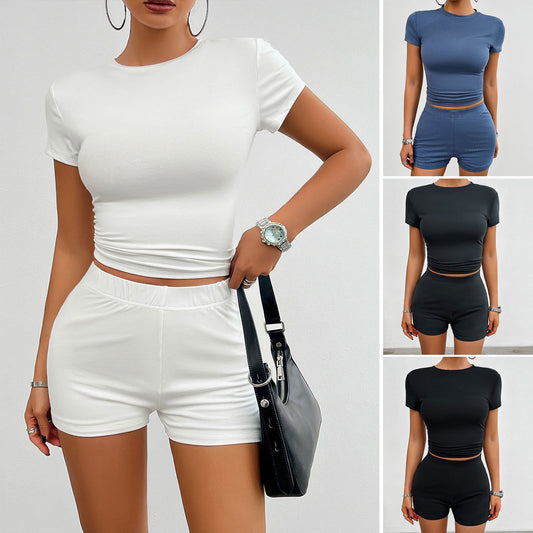 Solid Color Slim Sports Suit Summer 2Pcs Short-sleeved Round Neck T-shirt And Elastic Shorts Fashion Womens Clothing - CHRISTDEST GLOBAL SERVICE