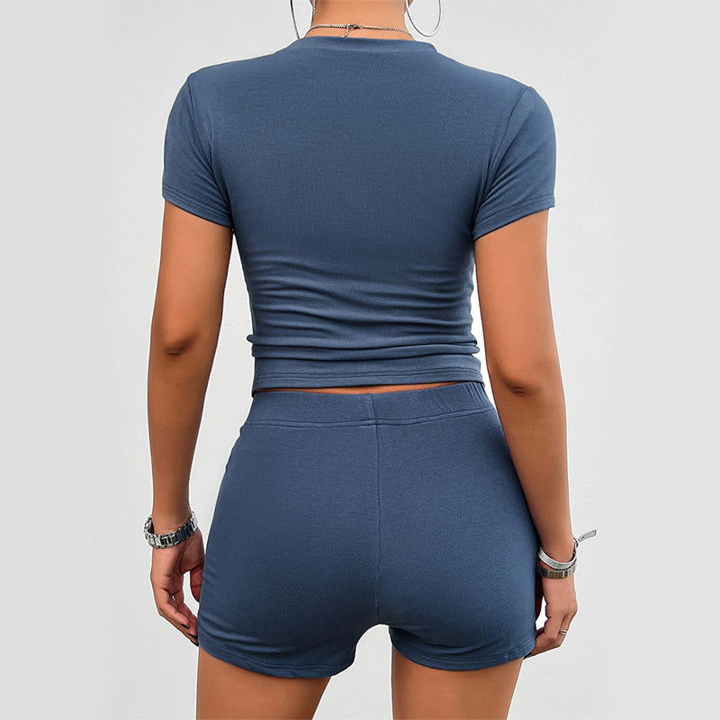 Solid Color Slim Sports Suit Summer 2Pcs Short-sleeved Round Neck T-shirt And Elastic Shorts Fashion Womens Clothing - CHRISTDEST GLOBAL SERVICE