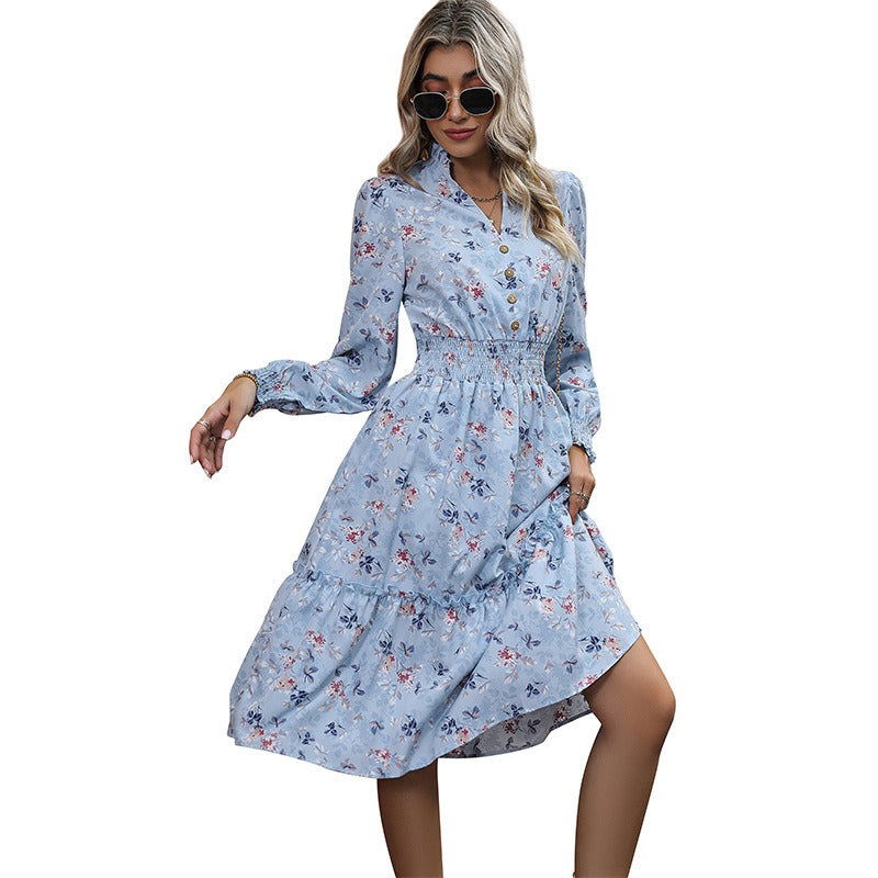 Spring and Autumn Popular Multi Color European and American Women's Long Sleeve Floral Dress - CHRISTDEST GLOBAL SERVICE