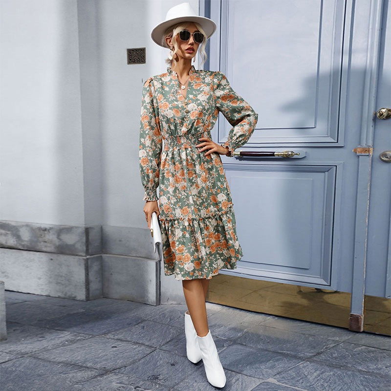 Spring and Autumn Popular Multi Color European and American Women's Long Sleeve Floral Dress - CHRISTDEST GLOBAL SERVICE