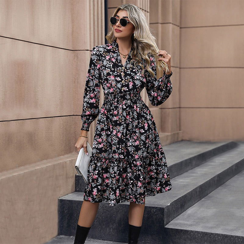 Spring and Autumn Popular Multi Color European and American Women's Long Sleeve Floral Dress - CHRISTDEST GLOBAL SERVICE