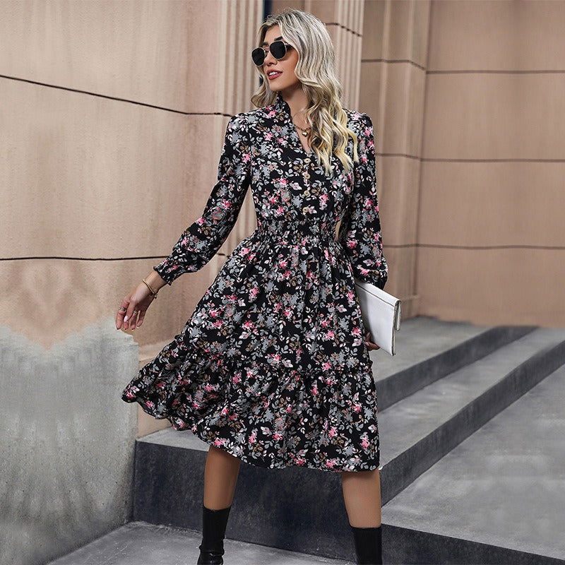 Spring and Autumn Popular Multi Color European and American Women's Long Sleeve Floral Dress - CHRISTDEST GLOBAL SERVICE