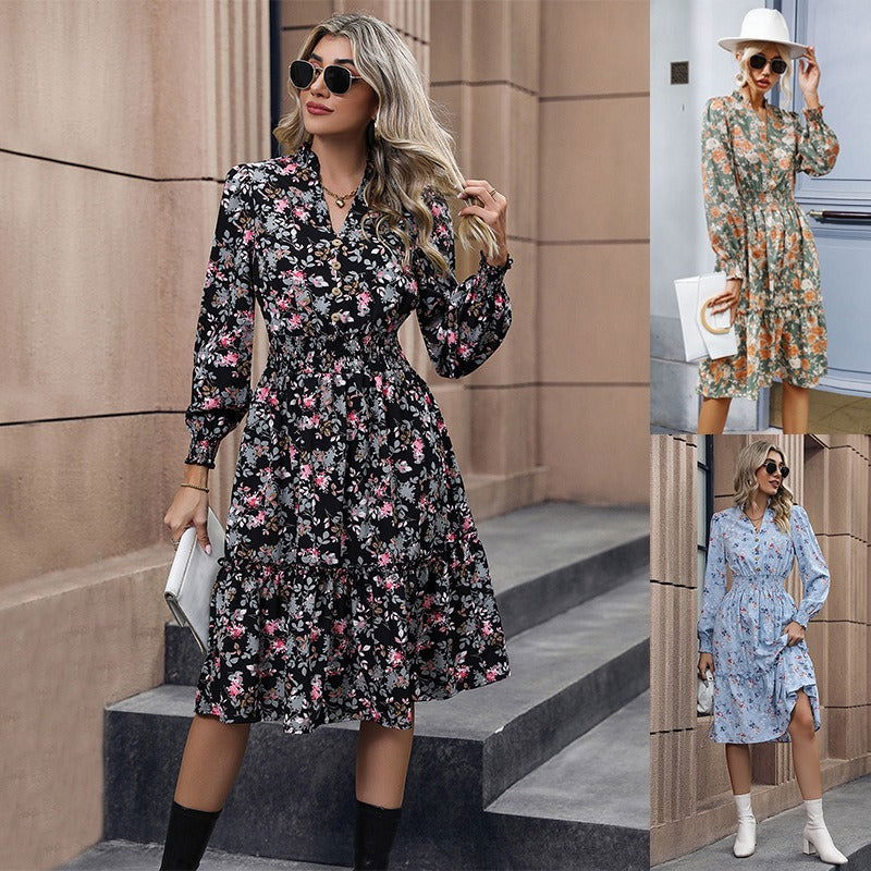 Spring and Autumn Popular Multi Color European and American Women's Long Sleeve Floral Dress - CHRISTDEST GLOBAL SERVICE