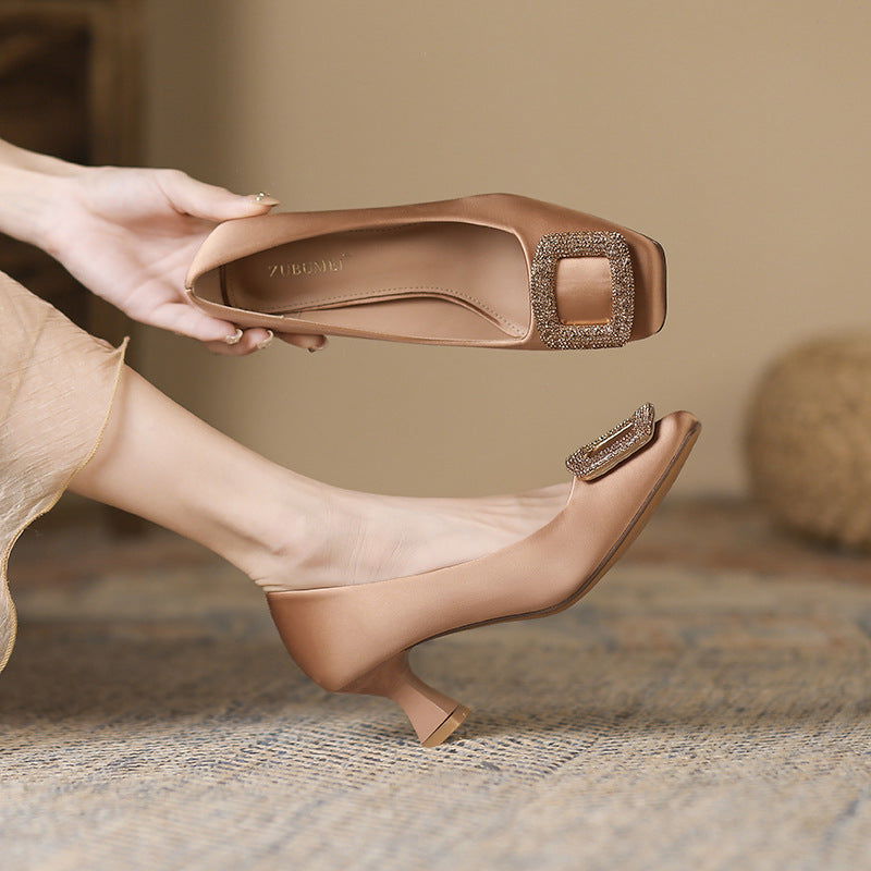 Square Toe Satin Surface High Heels Rhinestone Square Buckle - CHRISTDEST GLOBAL SERVICE