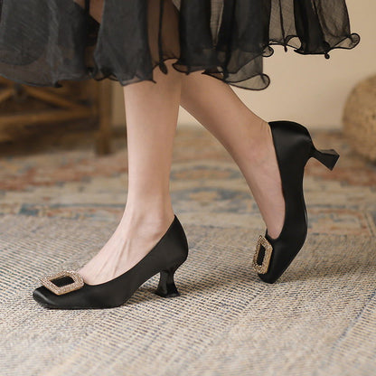 Square Toe Satin Surface High Heels Rhinestone Square Buckle - CHRISTDEST GLOBAL SERVICE