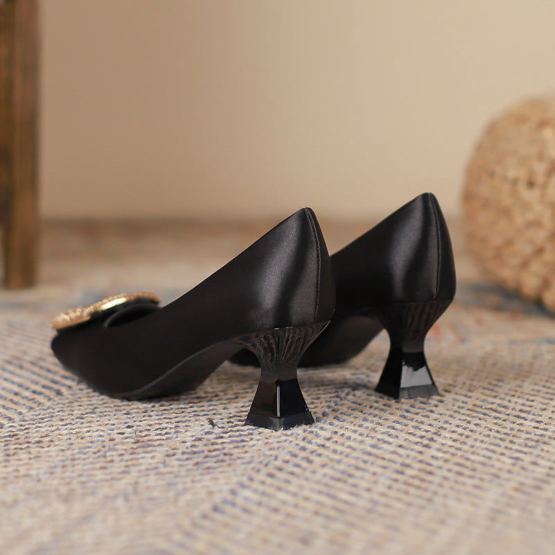 Square Toe Satin Surface High Heels Rhinestone Square Buckle - CHRISTDEST GLOBAL SERVICE