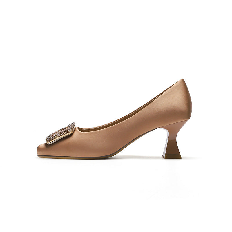 Square Toe Satin Surface High Heels Rhinestone Square Buckle - CHRISTDEST GLOBAL SERVICE