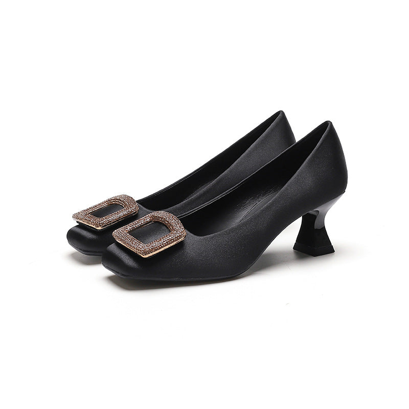 Square Toe Satin Surface High Heels Rhinestone Square Buckle - CHRISTDEST GLOBAL SERVICE