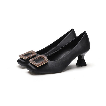 Square Toe Satin Surface High Heels Rhinestone Square Buckle - CHRISTDEST GLOBAL SERVICE