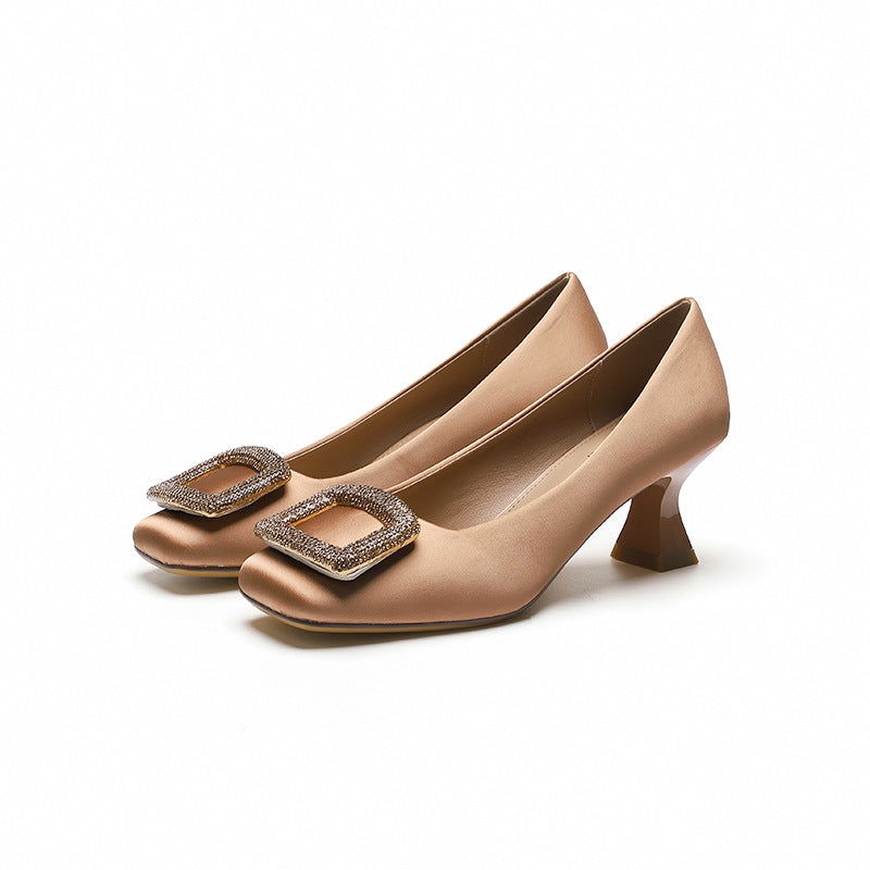 Square Toe Satin Surface High Heels Rhinestone Square Buckle - CHRISTDEST GLOBAL SERVICE