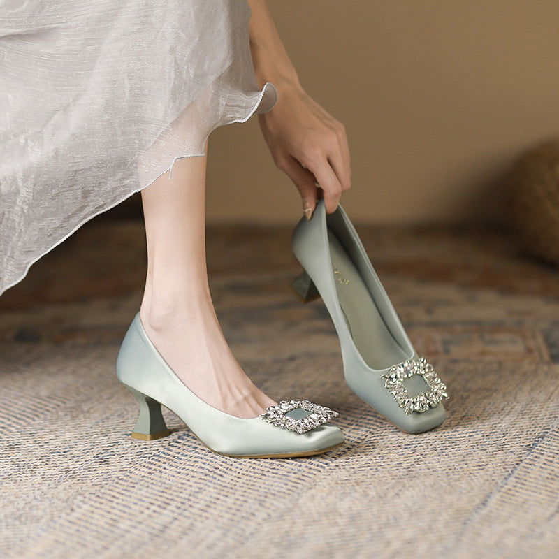 Square Toe Stiletto Heel Low-cut Rhinestone Square Buckle Classy Shoes - CHRISTDEST GLOBAL SERVICE