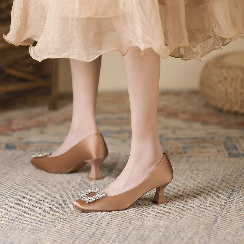 Square Toe Stiletto Heel Low-cut Rhinestone Square Buckle Classy Shoes - CHRISTDEST GLOBAL SERVICE