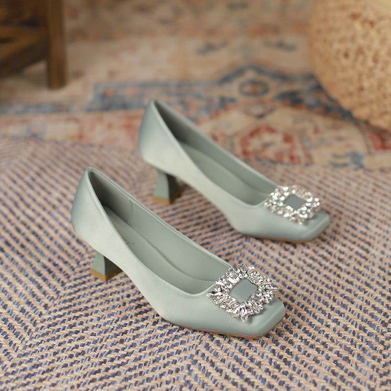 Square Toe Stiletto Heel Low-cut Rhinestone Square Buckle Classy Shoes - CHRISTDEST GLOBAL SERVICE