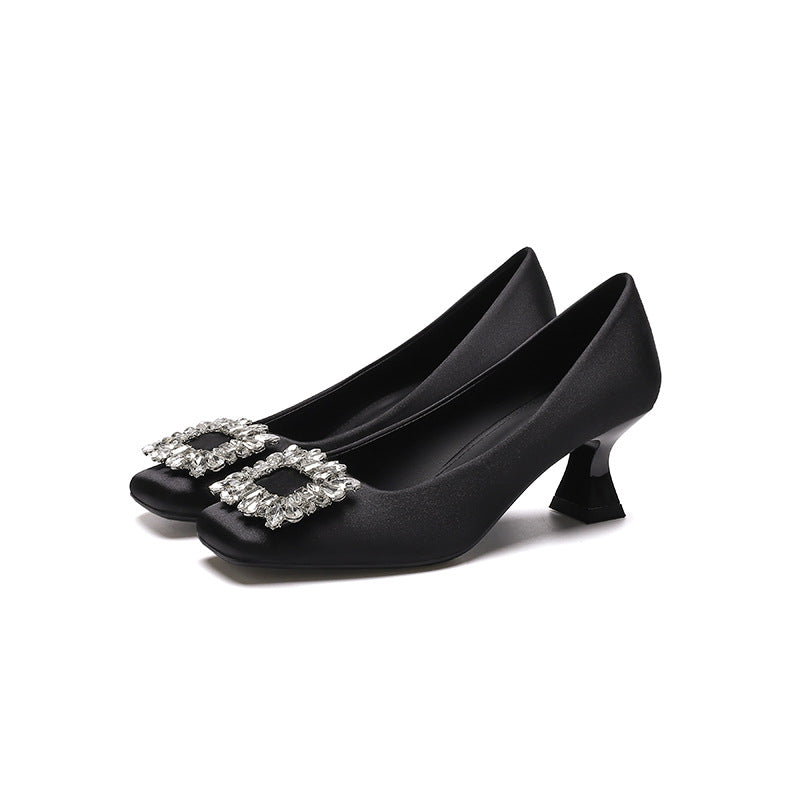 Square Toe Stiletto Heel Low-cut Rhinestone Square Buckle Classy Shoes - CHRISTDEST GLOBAL SERVICE
