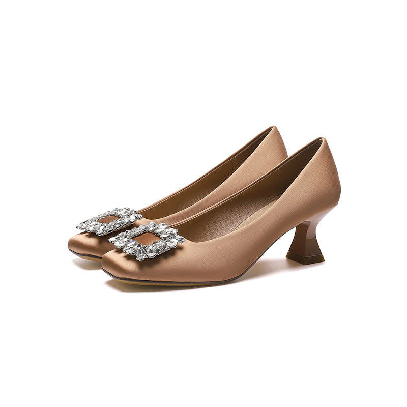 Square Toe Stiletto Heel Low-cut Rhinestone Square Buckle Classy Shoes - CHRISTDEST GLOBAL SERVICE