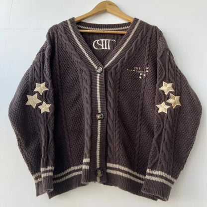 Stars Embroidered Black Cardigan Women Autumn Winter Letter Knitted Cardigans Female V-neck Long Sleeve Loose Fit Sweaters Tops - CHRISTDEST GLOBAL SERVICE