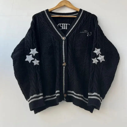 Stars Embroidered Black Cardigan Women Autumn Winter Letter Knitted Cardigans Female V-neck Long Sleeve Loose Fit Sweaters Tops - CHRISTDEST GLOBAL SERVICE