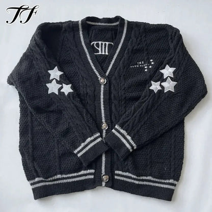 Stars Embroidered Black Cardigan Women Autumn Winter Letter Knitted Cardigans Female V-neck Long Sleeve Loose Fit Sweaters Tops - CHRISTDEST GLOBAL SERVICE