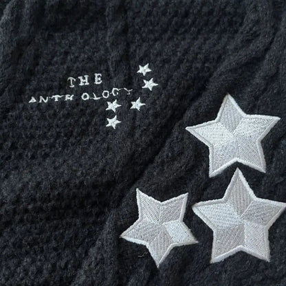 Stars Embroidered Black Cardigan Women Autumn Winter Letter Knitted Cardigans Female V-neck Long Sleeve Loose Fit Sweaters Tops - CHRISTDEST GLOBAL SERVICE