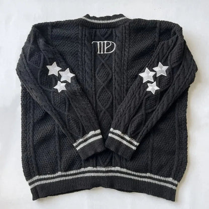 Stars Embroidered Black Cardigan Women Autumn Winter Letter Knitted Cardigans Female V-neck Long Sleeve Loose Fit Sweaters Tops - CHRISTDEST GLOBAL SERVICE