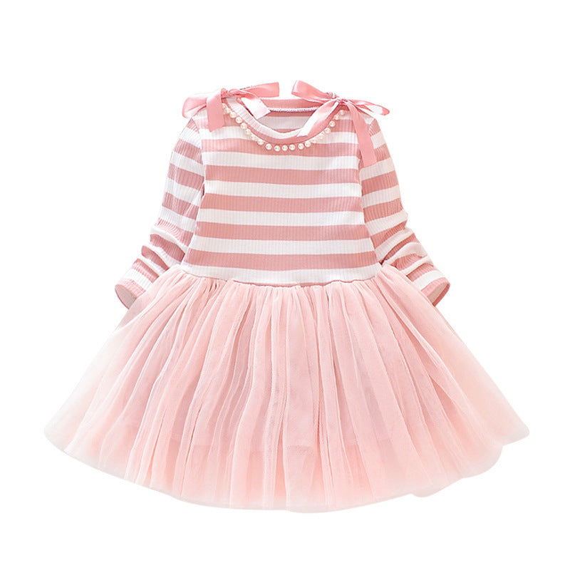 Striped Long-sleeved Stitching Mesh Dress - CHRISTDEST GLOBAL SERVICE
